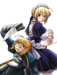 Rule 34 | 00s, 2girls, ahoge, armor, artoria pendragon (all), artoria pendragon (fate), blonde hair, blue ribbon, braid, crown braid, fate/stay night, fate (series), green eyes, holding, holding knife, knife, long sleeves, looking back, maid, maid headdress, multiple girls, reflection, ribbon, saber (fate), sader, shinai, short sleeves, sidelocks, simple background, steed (steed enterprise), sword, weapon, white background, white ribbon