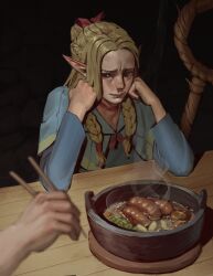 Rule 34 | 1girl, absurdres, angusbeef30, blonde hair, blue capelet, braid, capelet, chopsticks, closed mouth, dungeon meshi, elbow rest, elbows on table, elf, french braid, furrowed brow, green eyes, hair ribbon, hands on own cheeks, hands on own face, head rest, highres, holding, holding chopsticks, hotpot, long hair, long sleeves, looking at viewer, marcille donato, multiple braids, mushroom, out of frame, parted bangs, pointy ears, red ribbon, ribbon, side braid, solo focus, staff, steam, table, upper body, wooden table