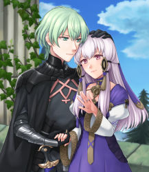 Rule 34 | 1boy, 1girl, armor, black armor, black gloves, blue sky, byleth (fire emblem), byleth (male) (fire emblem), closed mouth, cloud, couple, dagger, day, dress, fire emblem, fire emblem: three houses, gloves, green eyes, green hair, hair ornament, hand on another&#039;s head, hazuki (nyorosuke), highres, holding hands, jewelry, knife, long hair, long sleeves, lysithea von ordelia, nintendo, outdoors, pink eyes, ring, sheath, sheathed, short hair, sky, smile, weapon, white hair