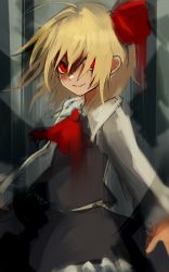 1girl ascot blonde_hair cowboy_shot female_focus hair_ornament hair_ribbon highres long_sleeves looking_at_viewer maho_moco one-hour_drawing_challenge portrait red_eyes ribbon rumia shirt short_hair skirt skirt_set smile solo touhou vest