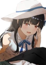 Rule 34 | 1girl, :d, absurdres, bare shoulders, black hair, black jacket, blue bow, bow, brown eyes, dress, formal, hand up, hat, highres, huge filesize, idolmaster, idolmaster shiny colors, jacket, long hair, mayuzumi fuyuko, misaki nonaka, open mouth, simple background, sleeveless, sleeveless dress, smile, solo focus, suit, sun hat, very long hair, white background, white dress, white headwear