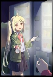 Rule 34 | 1girl, ahoge, bh zhu baihe hua, black border, black skirt, blonde hair, bocchi the rock!, border, bow, bowtie, collared shirt, commentary request, green jacket, ijichi nijika, jacket, long hair, long sleeves, looking at viewer, night, open clothes, open jacket, open mouth, orange eyes, outdoors, pov, reaching, reaching towards viewer, red bow, red bowtie, shirt, side ponytail, skirt, smile, solo focus, standing, vending machine, white shirt