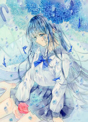 1girl absurdres amu_(m_aa) blue_bow blue_bowtie blue_eyes blue_flower blue_hair blue_sailor_collar blue_skirt blue_theme bow bowtie commentary crying crying_with_eyes_open dated eyelashes flower highres hydrangea long_hair long_sleeves original painting_(medium) pleated_skirt red_flower red_rose rose sailor_collar shirt signature sitting skirt solo tears traditional_media umbrella very_long_hair water_drop watercolor_(medium) white_shirt