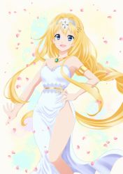 Rule 34 | 1girl, :d, absurdres, alice zuberg, armlet, bare legs, blonde hair, blue eyes, breasts, cleavage, dress, floating hair, hair intakes, hairband, hand on own hip, highres, jewelry, long dress, long hair, looking at viewer, medium breasts, necklace, open mouth, petals, sakurano miki, side slit, smile, solo, standing, strapless, strapless dress, sword art online, very long hair, white background, white dress, white hairband