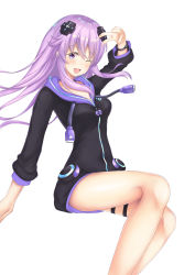 Rule 34 | 1girl, ;d, adult neptune, bare legs, blush, breasts, cleavage, d-pad, d-pad hair ornament, hair ornament, hand up, highres, hinakurukuru, hood, hooded jacket, jacket, long hair, looking at viewer, neptune (series), one eye closed, open mouth, purple eyes, purple hair, shin jigen game neptune vii, simple background, sitting, smile, solo, thigh strap, v, white background