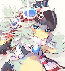 Rule 34 | 1girl, bad id, bad twitter id, bird, claws, crop top, feather hair, feathers, finch (xenoblade), flat chest, fur collar, gem, goggles, goggles on head, hat, long hair, looking at viewer, monster girl, nintendo, simple background, smile, solo, sushitarou, talons, xenoblade chronicles (series), xenoblade chronicles 2