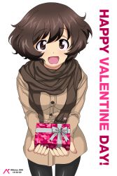 Rule 34 | 1girl, :d, absurdres, acrux, akiyama yukari, anglerfish, artist logo, black pants, black scarf, brown coat, brown eyes, brown hair, casual, coat, commentary, commentary request, dated, emblem, english commentary, english text, fish, fringe trim, girls und panzer, giving, happy valentine, highres, long sleeves, looking at viewer, messy hair, mixed-language commentary, open mouth, pants, scarf, short hair, simple background, smile, solo, standing, twitter username, valentine, white background, winter clothes