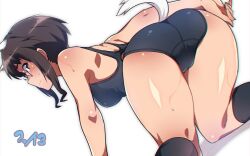 Rule 34 | 1girl, all fours, animal ears, ass, black one-piece swimsuit, blue one-piece swimsuit, blush, breasts, brown eyes, brown hair, cameltoe, character request, copyright request, em (totsuzen no hakike), glasses, kneepits, looking at viewer, looking back, one-piece swimsuit, short hair, simple background, small breasts, socks, solo, swimsuit, tail, white background