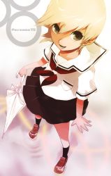 Rule 34 | 00s, androgynous, atlus, blonde hair, brown eyes, crossdressing, genda, gender request, kanzato jun, looking up, male focus, open mouth, persona, persona trinity soul, school uniform, short hair, smile, trap, umbrella, white hair