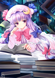 Rule 34 | 1girl, book, book stack, bookshelf, bow, capelet, chize, coat, crescent, dress, floating book, floating object, hair ribbon, hat, library, long hair, long sleeves, lying, on stomach, open clothes, open coat, patchouli knowledge, pink eyes, purple dress, purple hair, ribbon, solo, striped clothes, striped dress, touhou, tress ribbon, very long hair