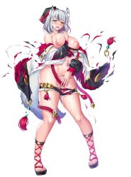 Rule 34 | 1girl, animal ears, breasts, breasts squeezed together, character request, cleavage, clothes pull, cum, cum in pussy, curvy, embarrassed, large breasts, lilith-soft, nipples, saijou satoru, shiny skin, short shorts, shorts, shorts pull, simple background, solo, sweat, tail, taimanin (series), taimanin rpgx, torn clothes, white background, white hair, wide hips, yellow eyes