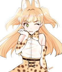 Rule 34 | 10s, 1girl, ;p, animal ears, bad id, bad pixiv id, bare shoulders, bow, bowtie, chungu, cosplay, elbow gloves, gloves, green eyes, idolmaster, idolmaster cinderella girls, jougasaki rika, kemono friends, long hair, one eye closed, serval (kemono friends), serval (kemono friends) (cosplay), serval print, simple background, solo, tongue, tongue out, two side up, white background