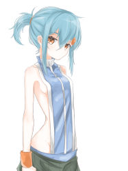 Rule 34 | 1girl, alternate hairstyle, backless outfit, bare shoulders, bird hair ornament, blue hair, breasts, closed mouth, collarbone, cowboy shot, green skirt, groin, guruten11, hair between eyes, hair ornament, hair tie, hairclip, highres, looking at viewer, orange eyes, original, pleated skirt, ponytail, porta (guruten11), revealing clothes, short hair, short ponytail, sideboob, sidelocks, simple background, skirt, sleeveless, small breasts, solo, white background, wristband