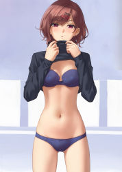 Rule 34 | 1girl, black sweater, blue bra, blue panties, bow, bow bra, bow panties, bra, breasts, brown hair, clothes lift, cowboy shot, earrings, gluteal fold, hair ornament, hairclip, hairpin, highres, higuchi madoka, idolmaster, idolmaster shiny colors, jewelry, lace, lace bra, lace panties, lifted by self, light blush, lingerie, looking at viewer, midriff, miura-n315, mole, mole under eye, navel, panties, shirt lift, short hair, simple background, small breasts, solo, standing, sweater, thighs, turtleneck, underwear