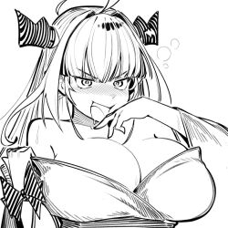 Rule 34 | 1girl, ahoge, blush, breasts, cleavage, dismassd, dragon girl, dragon horns, hand to own mouth, hololive, horns, kiryu coco, large breasts, long hair, off shoulder, open mouth, solo, virtual youtuber