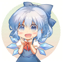 Rule 34 | 1girl, :d, blue bow, blue dress, blue eyes, blue hair, blush, bow, bowtie, chibi, chinese commentary, circle, cirno, commentary request, cowboy shot, dress, fang, hair between eyes, hair bow, hands up, ice, ice wings, index fingers raised, jokanhiyou, looking at viewer, open mouth, pinafore dress, puffy short sleeves, puffy sleeves, red bow, red bowtie, shirt, short hair, short sleeves, sidelocks, sleeveless dress, smile, solo, touhou, white background, white shirt, wings