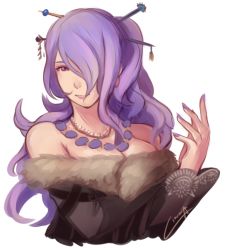 Rule 34 | 1girl, bare shoulders, breasts, camilla (fire emblem), cinnaquil, cinnas, cleavage, cosplay, final fantasy, final fantasy x, fire emblem, fire emblem fates, hair ornament, hair over one eye, hairpin, intelligent systems, jewelry, large breasts, long hair, lulu (ff10), lulu (ff10) (cosplay), nail polish, necklace, nintendo, paula tiso, purple eyes, purple hair, voice actor connection, solo, square enix, strapless