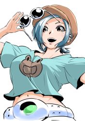 Rule 34 | 1girl, animal print, belt, blue hair, frog print, hat, highres, may lee, midriff, open mouth, simple background, solo, sunglasses, sunglasses removed, taberarerutour1, the king of fighters, upper body