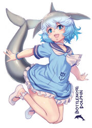Rule 34 | 1girl, blue eyes, blue hair, bracelet, cetacean tail, choker, common bottlenose dolphin (kemono friends), dolphin girl, dress, fins, fish tail, head fins, highres, jewelry, jumping, kemono friends, kosai takayuki, looking at viewer, sailor collar, sailor dress, shoes, short hair, simple background, solo, tail