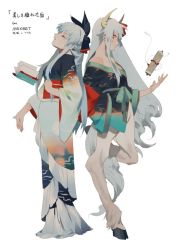 Rule 34 | 2girls, alternate costume, blue hair, book, dual persona, ex-keine, closed eyes, full body, green hair, hair ribbon, hairy legs, hooves, horn ornament, horn ribbon, horns, japanese clothes, kamishirasawa keine, kimono, long hair, long sleeves, looking at viewer, monster girl, multiple girls, obi, off shoulder, open book, open mouth, profile, red eyes, rei (sanbonzakura), ribbon, sash, scroll, simple background, tail, text focus, touhou, very long hair, white background, wide sleeves, yukata