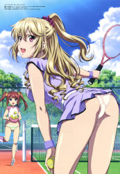 Rule 34 | 2girls, absurdres, aiba asagi, ass, ball, bent over, blonde hair, blush, breasts, brown hair, cloud, cowboy shot, day, female focus, fence, frilled panties, frills, from behind, full body, furukawa hideki, green panties, hair between eyes, hair ornament, hair scrunchie, high ponytail, highres, holding, holding ball, holding racket, long hair, looking at viewer, looking back, lydianne didier, medium breasts, megami magazine, multiple girls, official art, open mouth, outdoors, panties, pink panties, purple eyes, racket, red eyes, scrunchie, shiny skin, shirt basket, short sleeves, sky, small breasts, sportswear, standing, strike the blood, sweat, teeth, tennis, tennis ball, tennis court, tennis net, tennis racket, tennis uniform, tongue, tree, twintails, underwear