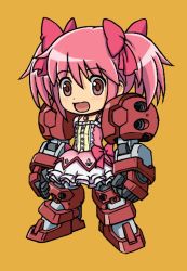 Rule 34 | 10s, 1girl, :d, bad id, bad pixiv id, bow, brown background, bubble skirt, chibi, crossover, destiny30229, dress, frills, fusion, gundam, gundam age, gundam age-1, gundam age-1 titus, hair bow, kaname madoka, looking at viewer, magical girl, mahou shoujo madoka magica, mahou shoujo madoka magica (anime), mecha musume, mechanical arms, mechanical legs, open mouth, orange background, pink eyes, pink hair, short twintails, simple background, skirt, smile, solo, standing, twintails
