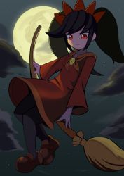 Rule 34 | 1girl, arms at sides, artist request, ashley (warioware), black hair, black pantyhose, broom, broom riding, closed mouth, cloud, cloudy sky, dress, eyebrows, female focus, flying, full body, full moon, hairband, long hair, long sleeves, moon, neckwear request, night, night sky, nintendo, orange hairband, orange neckwear, outdoors, pantyhose, red dress, red eyes, red footwear, sidelocks, sitting, skull, sky, smile, solo, star (sky), twintails, warioware, wide sleeves, witch