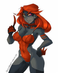 Rule 34 | 10s, 1girl, bad id, bad tumblr id, black skin, breasts, claws, cleavage, colored sclera, colored skin, eyebrows, genderswap, genderswap (mtf), hand on own hip, kill la kill, large breasts, lips, long hair, md5 mismatch, one-eyed, owler, personification, red eyes, red hair, scar, senketsu, solo, thick eyebrows, yellow sclera