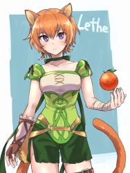 Rule 34 | 1girl, animal ears, bandaged arm, bandages, belt, cat ears, cat tail, character name, choker, closed mouth, facial mark, fire emblem, fire emblem: path of radiance, fire emblem: radiant dawn, food, fruit, gloves, highres, kumakosion, lethe (fire emblem), nintendo, o-ring, o-ring belt, orange hair, pouch, purple eyes, short hair, simple background, single glove, solo, tail