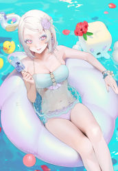 Rule 34 | 1girl, absurdres, bikini, breasts, cleavage, commentary request, flower, food, from above, highres, ice cream, innertube, legs together, medium breasts, nacchan (ohisashiburi), navel, ohisashiburi, original, parted bangs, popsicle, purple eyes, ribbon, rubber duck, see-through, short hair, silver hair, smile, solo, swim ring, swimsuit, tongue, tongue out, wrist ribbon