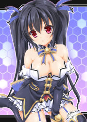 Rule 34 | 10s, 1girl, bad id, bad nicoseiga id, bare shoulders, black hair, breasts, cleavage, garter straps, hair ornament, hexagon, hinamori-clover, honeycomb (pattern), honeycomb background, honeycomb pattern, long hair, looking at viewer, neptune (series), noire (neptunia), open mouth, red eyes, solo, thighhighs, twintails