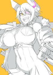 Rule 34 | 1girl, bad id, bad pixiv id, breasts, cleavage, commentary request, covered navel, eyepatch, hand on own hip, headgear, holding, holding sword, holding weapon, jacket, kantai collection, large breasts, looking at viewer, mikoyan, off shoulder, open mouth, pocket, sharp teeth, smile, solo, spot color, sword, teeth, tenryuu (kancolle), tenryuu kai ni (kancolle), weapon, yellow background, yellow eyes