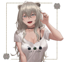 Rule 34 | 1girl, absurdres, ahoge, animal ears, black bra, black choker, black nails, blush, bra, breasts, choker, cleavage, clothes writing, grey eyes, grey hair, highres, hololive, large breasts, lion ears, lion girl, long hair, looking at viewer, nail polish, official alternate costume, open mouth, shishiro botan, shishiro botan (casual), smile, ssrb (shishiro botan), sunai, teeth, underwear, upper teeth only, virtual youtuber