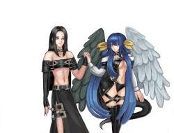 Rule 34 | 1boy, 1girl, androgynous, asymmetrical wings, bad id, black hair, black panties, black thighhighs, blue hair, breasts, choker, dizzy (guilty gear), guilty gear, highres, holding hands, large breasts, long hair, midriff, moontears, panties, red eyes, revealing clothes, tail, testament (guilty gear), thick thighs, thighhighs, thighs, twintails, underwear, wings