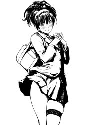 Rule 34 | 1girl, bag, blush, collared shirt, commentary request, copyright request, cowboy shot, greyscale, hair between eyes, hairband, hands up, interlocked fingers, jacket, leg strap, long sleeves, monochrome, nanahime, pleated skirt, school bag, shirt, shoulder bag, skindentation, skirt, smile, solo, thigh strap, wing collar