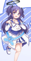 Rule 34 | 1girl, :d, blue archive, blue background, blue choker, blue sailor collar, blush, bow choker, buttons, choker, detached sleeves, finger heart, foot out of frame, frilled skirt, frills, hair ornament, halo, highres, idol, knee up, koutei pengin 1-gou, layered skirt, long hair, looking at viewer, official alternate costume, open mouth, purple eyes, purple hair, sailor collar, shirt, simple background, skirt, sleeve cuffs, smile, solo, star (symbol), two-tone background, two side up, white background, white shirt, white skirt, yuuka (blue archive), mischievous straight uniform (blue archive)