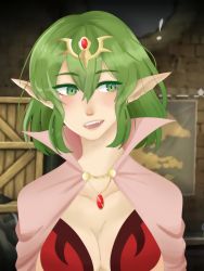 Rule 34 | 1girl, absurdres, blush, breasts, cleavage, fangs, fire emblem, fire emblem awakening, green eyes, green hair, highres, jewelry, morgan (female) (fire emblem), morgan (fire emblem), necklace, nintendo, open mouth, pointy ears, short hair, smile, solo, sparkling eyes, tiki (fire emblem)