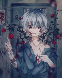 Rule 34 | 1boy, bandages, blood, blood bag, blood on face, bloody bandages, collarbone, eyes visible through hair, henatomo1001, highres, intravenous drip, japanese clothes, kimono, male focus, original, parted lips, plant, short hair, silver hair, solo, vines
