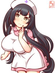 Rule 34 | 1girl, alternate costume, apron, artist logo, black hair, breasts, brown eyes, commentary request, cowboy shot, dated, dress, hat, kanon (kurogane knights), kantai collection, large breasts, leaning forward, long hair, looking at viewer, low-tied long hair, mizuho (kancolle), nurse, nurse cap, one-hour drawing challenge, pink dress, sidelocks, simple background, solo, very long hair, white apron, white background