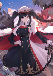 Rule 34 | 1girl, aircraft, azur lane, black dress, blue sky, breasts, buttons, capelet, daweykun, double-breasted, dress, floating cape, gloves, hand on own hip, hat, highres, large breasts, long hair, long sleeves, looking at viewer, manjuu (azur lane), multicolored clothes, multicolored dress, peaked cap, peter strasser (azur lane), purple eyes, red dress, sky, solo, twintails, vehicle request, very long hair, white capelet, white dress, white gloves