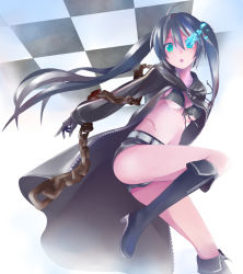 Rule 34 | 10s, 1girl, :o, aqua eyes, bad id, bad pixiv id, belt, bikini, bikini top only, black hair, black rock shooter, black rock shooter (character), boots, breasts, chain, front-tie top, gloves, glowing, glowing eyes, jacket, knee boots, long hair, looking at viewer, midriff, nnyu, scar, short shorts, shorts, solo, star (symbol), stitches, swimsuit, thigh boots, thighhighs, twintails, underboob, uneven twintails, very long hair, vocaloid, zipper