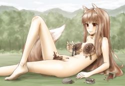 Rule 34 | 1boy, 1girl, animal ears, barefoot, breasts, brown hair, chocolate, chocolate on body, chocolate on breasts, chocolate on pussy, craft lawrence, day, eichikei (hakuto), feet, food on body, forest, giant, giantess, holo, long hair, medium breasts, mountain, naked chocolate, nature, nipples, nude, outdoors, sky, spice and wolf, tail, tree, valentine, wolf ears, wolf tail