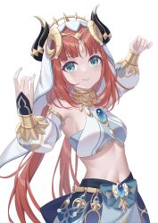 Rule 34 | 1girl, absurdres, aqua eyes, arms up, bi luo jian, blue gemstone, blue nails, blunt bangs, closed mouth, crop top, dancer, detached sleeves, fake horns, forehead jewel, gem, genshin impact, gold choker, harem outfit, highres, horns, long hair, looking at viewer, navel, nilou (genshin impact), red hair, smile, solo, twintails, veil, white background, white headdress, white sleeves