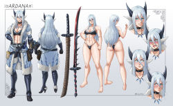 Rule 34 | 1girl, absurdres, armor, ass, blue eyes, blush, bra, breasts, charleian, commentary, english commentary, expressions, full body, fur trim, gauntlets, greaves, highres, hood, horns, jacket, jewelry, long hair, long sleeves, looking at viewer, medium breasts, monster hunter (character), monster hunter (series), navel, necklace, open mouth, panties, pigeon-toed, smile, solo, standing, tobi-kadachi (armor), toned, toned female, underwear, underwear only, weapon, white hair