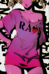 Rule 34 | 1girl, atlus, blonde hair, breasts, catherine, catherine (game), cleavage, clothes writing, curly hair, drill hair, english text, hand on own hip, head out of frame, highres, hip focus, lips, off shoulder, official art, scan, shirt, smile, soejima shigenori, solo, t-shirt, twintails