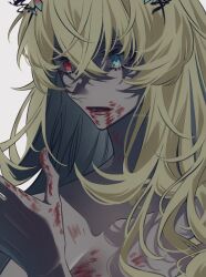 Rule 34 | 1girl, blonde hair, blood, blood on face, blue eyes, barghest (fate), fate/grand order, fate (series), gilozy king 2d, heterochromia, highres, long hair, looking at hand, portrait, red eyes, simple background, solo, white background