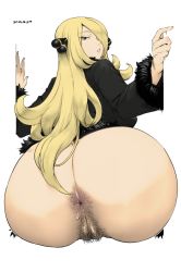 Rule 34 | 1girl, anal hair, anus, ass, ass focus, ass juice, back, blonde hair, bottomless, breasts, cleft of venus, creatures (company), curvy, cynthia (pokemon), female focus, female pubic hair, from behind, game freak, hair over one eye, highres, huge ass, huge breasts, jacket, lips, long hair, looking at viewer, looking back, moderate pubic hair, nintendo, orushibu, plump, pokemon, pubic hair, pussy, solo, third-party edit, uncensored, wide hips
