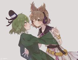 Rule 34 | 2girls, belt, black sailor collar, bracelet, brown eyes, brown hair, closed mouth, dress, earmuffs, green dress, green eyes, green hair, grey background, hat, highres, holding hands, jewelry, kalmeyaki, long sleeves, looking at another, multiple girls, one eye closed, parted lips, pointy hair, sailor collar, short hair, simple background, smile, soga no tojiko, tate eboshi, touhou, toyosatomimi no miko