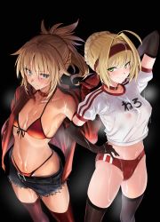 Rule 34 | 2girls, absurdres, ahoge, arm up, bare shoulders, belt, bikini, black background, black gloves, black legwear, blonde hair, blush, braid, breasts, bukkake, buruma, cleavage, closed mouth, collar, collarbone, covered erect nipples, cum, cum on body, cum on breasts, cum on clothes, cum on hair, cum on lower body, cum on upper body, cutoffs, denim, denim shorts, elbow gloves, facial, fate/apocrypha, fate/extra, fate/grand order, fate (series), french braid, gloves, green eyes, gym uniform, hair between eyes, hair intakes, hairband, hand on own hip, headband, highres, hip focus, jacket, large breasts, long hair, looking at viewer, mordred (fate), mordred (fate/apocrypha), mordred (memories at trifas) (fate), mordred (swimsuit rider) (first ascension) (fate), multiple girls, name tag, navel, nero claudius (fate), nero claudius (fate) (all), nero claudius (fate/extra), nero claudius (olympian bloomers) (fate), official alternate costume, open clothes, open jacket, ponytail, red bikini, red buruma, red gloves, red jacket, red legwear, short sleeves, shorts, simple background, small breasts, smile, swimsuit, thighhighs, thighs, ulrich (tagaragakuin)