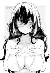 Rule 34 | 1girl, bikini, blush, breasts, collarbone, commentary request, dated, grey background, greyscale, hair between eyes, hands on own chest, heavy breathing, highres, kichihachi, large breasts, long hair, looking to the side, monochrome, original, parted lips, simple background, solo, sweat, swimsuit, twitter username, two-tone background, upper body, white background